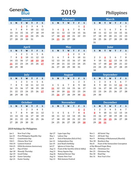 Year 2019 Calendar – Philippines .